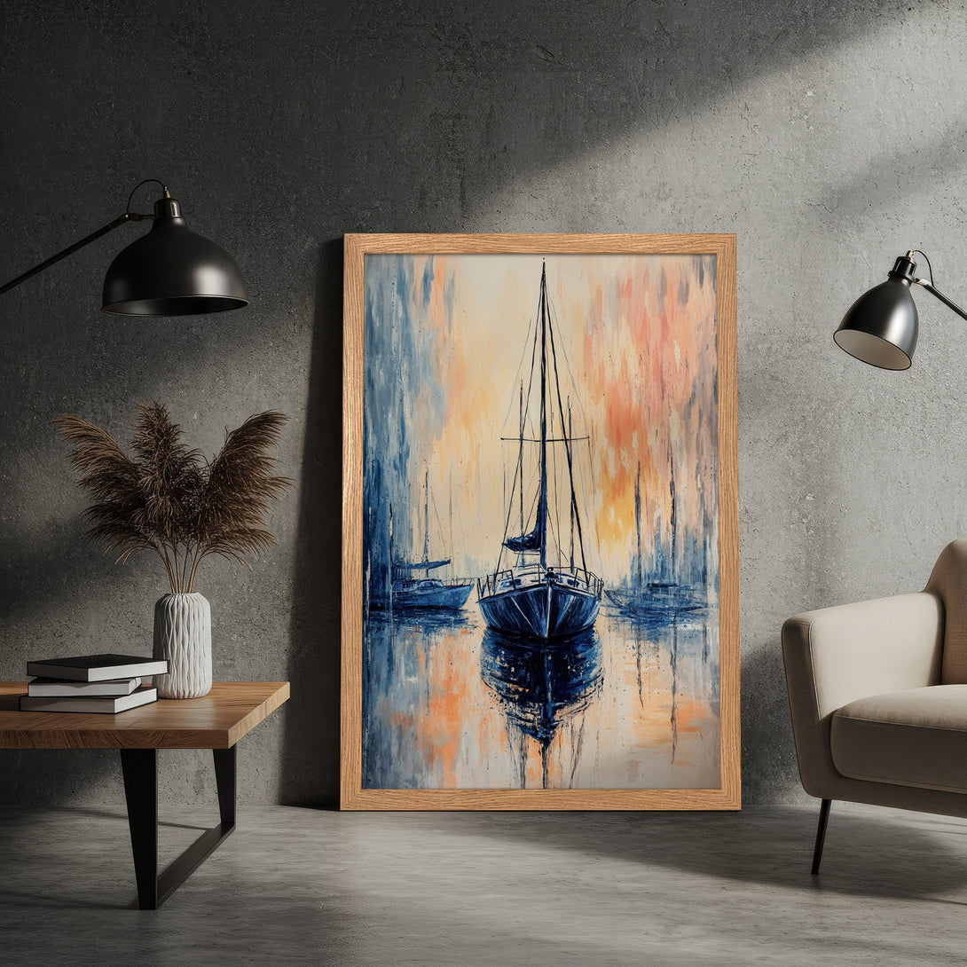 Framed Poster featuring a sailboat painting in an abstract style with a blue, orange, and beige color palette. Perfect wall art!