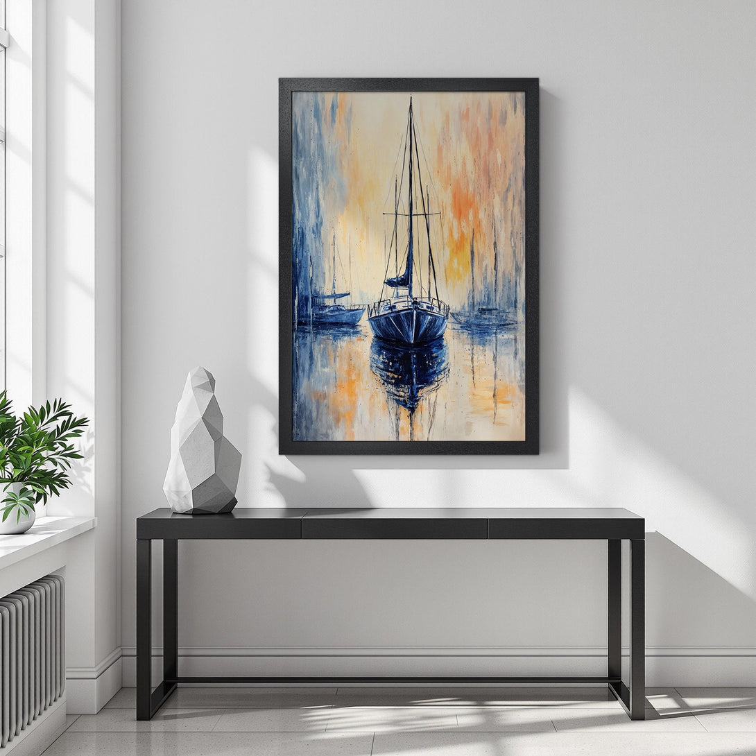 Framed Poster featuring sailboats in an impressionistic style with a blue, orange, and yellow color palette. Perfect wall art for your home!