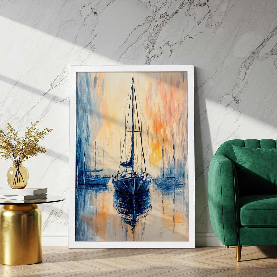 Framed Poster featuring a sailboat painting in blue, orange, and white. Perfect coastal decor for your home!