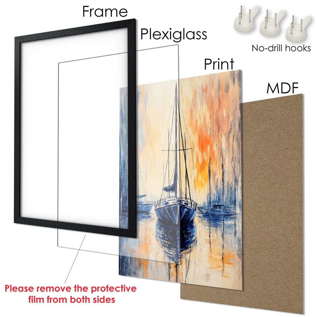 Framed Poster featuring a sailboat painting in an impressionistic style with a warm orange and blue color palette. Perfect wall art!