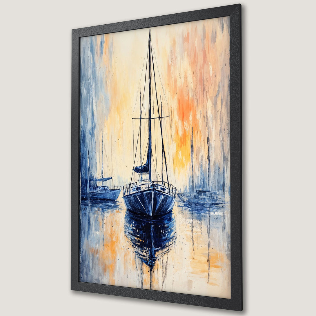 Framed Poster featuring a sailboat painting in a modern, abstract style with blue, orange, and yellow hues. Perfect wall art!