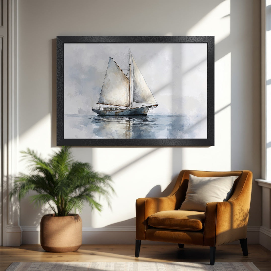 Framed Poster featuring a watercolor sailboat in a serene, blue and gray palette. Perfect coastal wall art for your home!