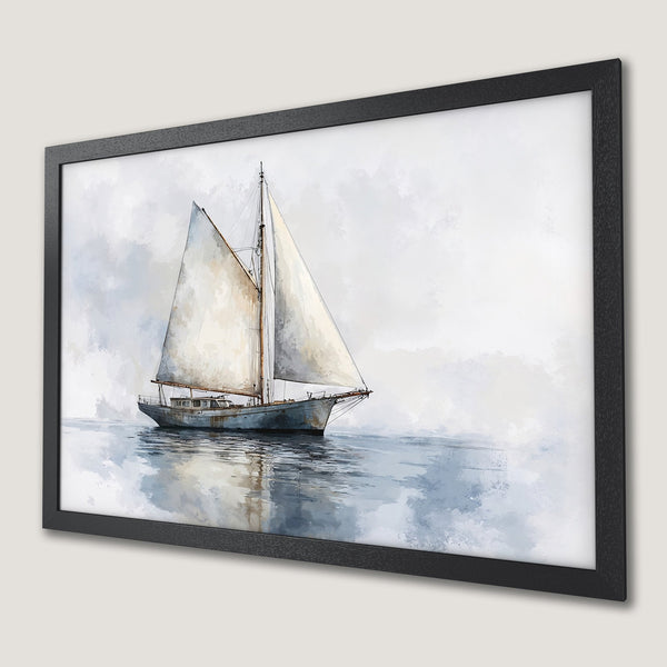 Framed Poster featuring a sailboat on the water. Watercolor style art in a calming blue and white color palette. Perfect wall decor.