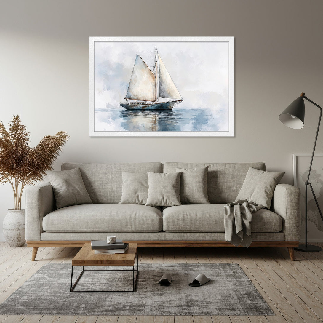 Framed Poster featuring a watercolor sailboat. Serene nautical art in a soft blue and neutral color palette. Perfect for coastal decor.