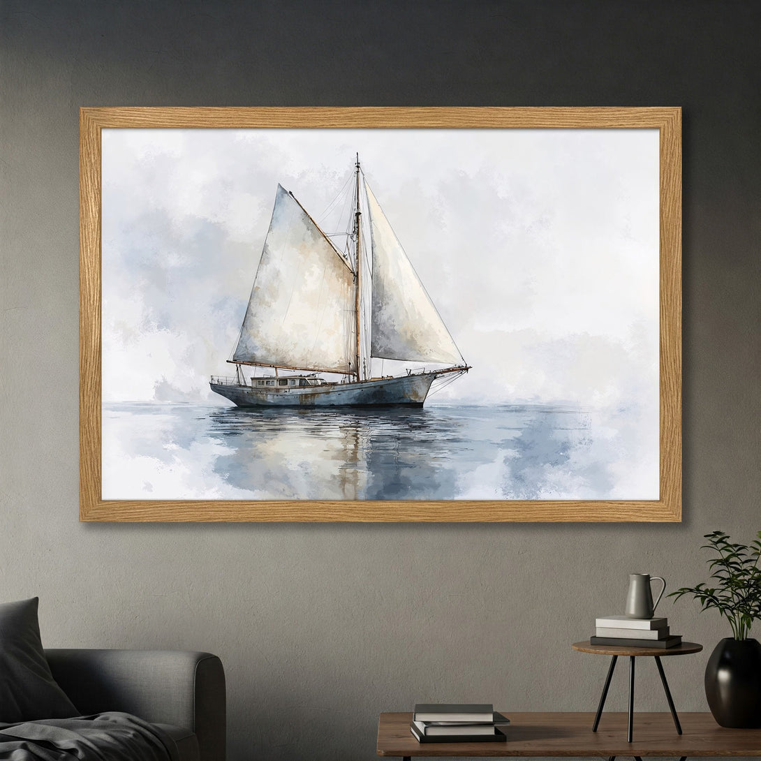 Framed Poster featuring a sailboat in watercolor style with a blue and white color palette, perfect for coastal decor.