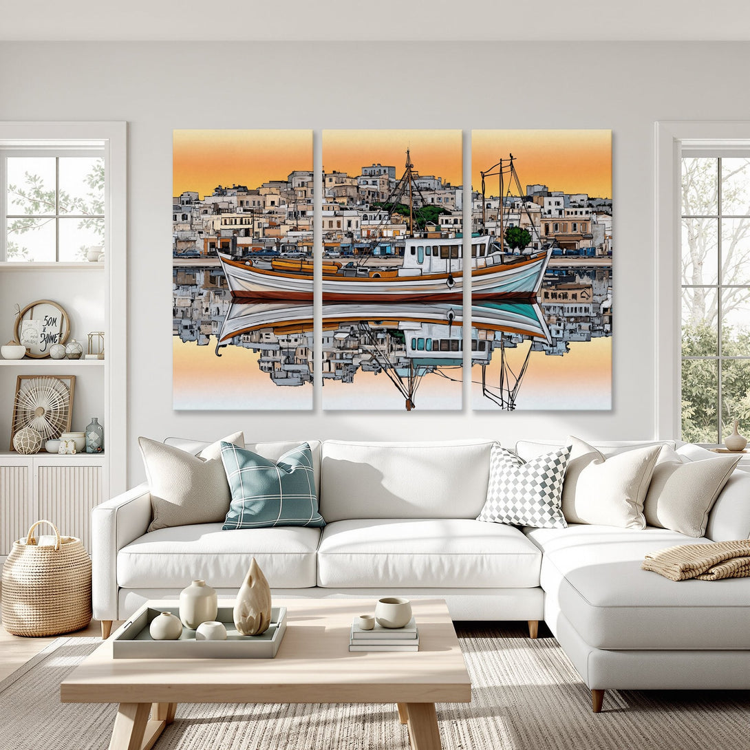 Canvas Print of a boat scene in a coastal town. Artistic style with warm orange and neutral tones, perfect for home decor.