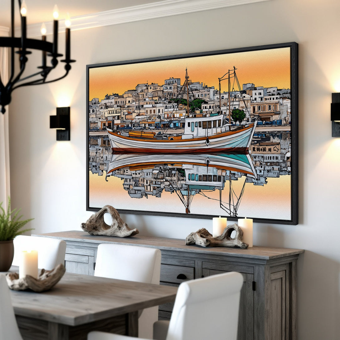 Framed Wall Art: Coastal boat scene in warm orange and blue tones. Perfect for adding a touch of nautical charm to your home decor. Shop now!
