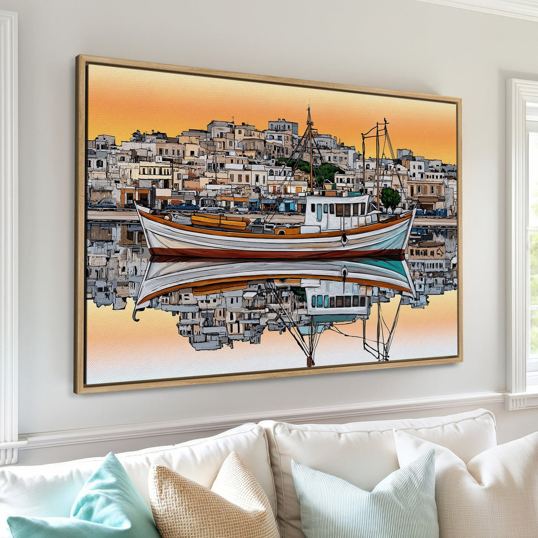 Framed Wall Art featuring a boat scene with a warm color palette. Coastal art print perfect for living room decor. Add a touch of serenity to your space!