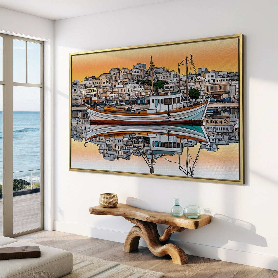 Canvas Print of a boat and coastal town in a watercolor style, warm color palette, perfect for coastal decor.