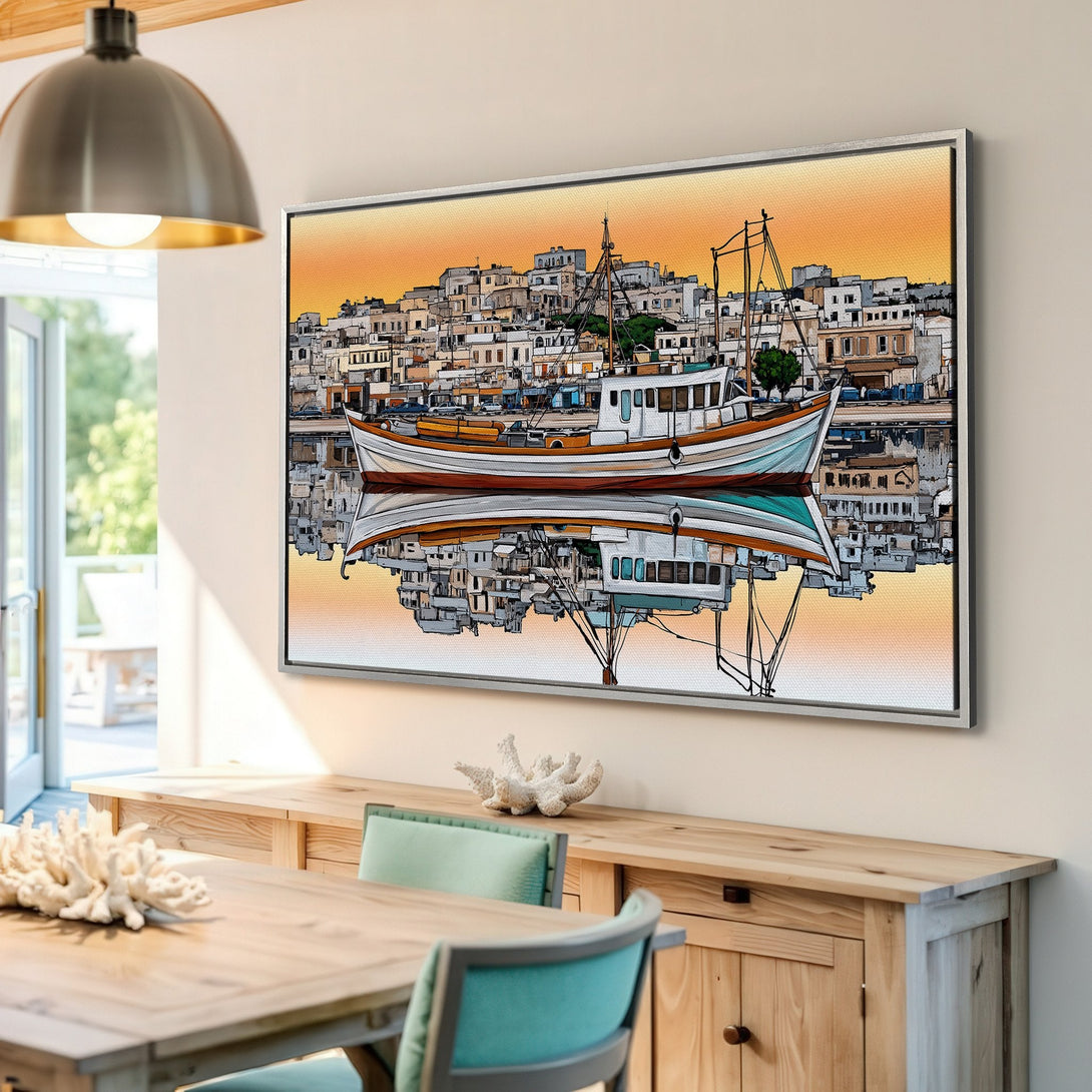 Framed Wall Art: Coastal boat scene Canvas Print with warm orange and blue tones. Perfect for adding a touch of nautical charm to your home decor.