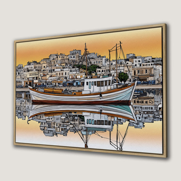 Framed Wall Art: Coastal boat scene with warm orange and neutral tones. Artistic style Canvas Print perfect for adding a touch of serenity to your home decor.