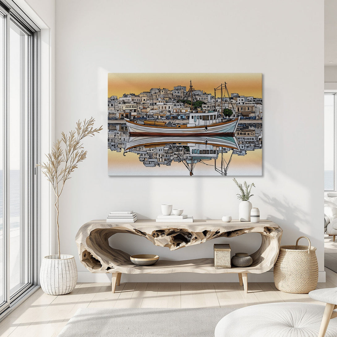 Framed Wall Art: Coastal boat scene in a sketch style with warm orange and blue tones. Perfect for adding a touch of serenity to your home decor.