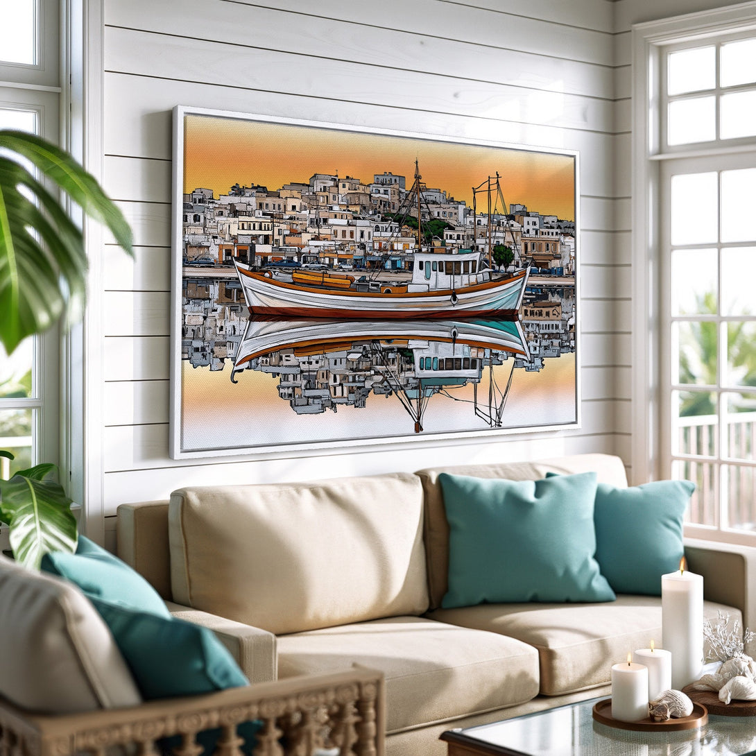 Framed Wall Art featuring a boat and coastal town in a watercolor style, warm orange and teal color palette, perfect for living room decor.