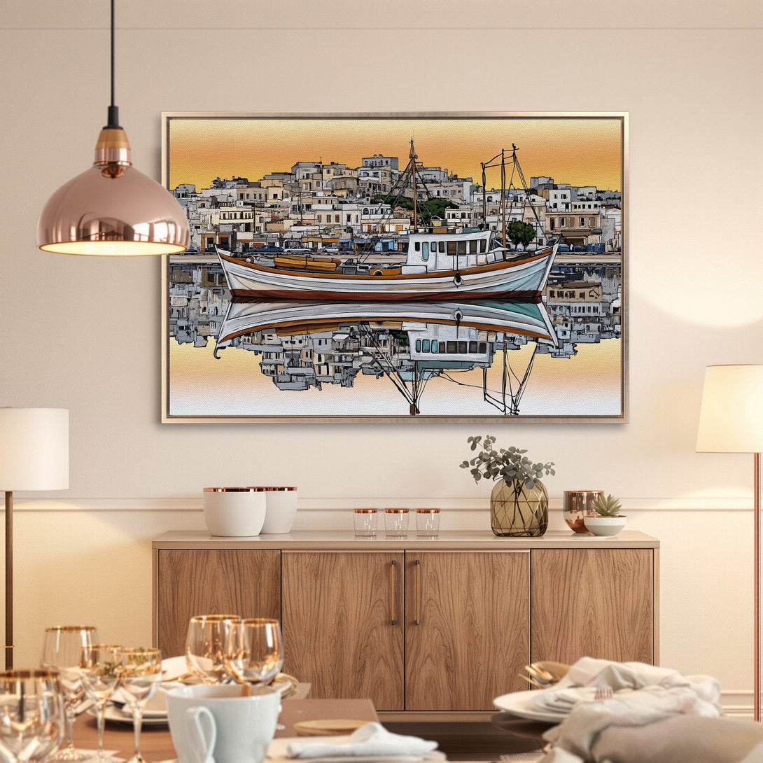 Framed Wall Art featuring a boat scene in warm tones. Coastal style Canvas Print adds a touch of serenity to any space.