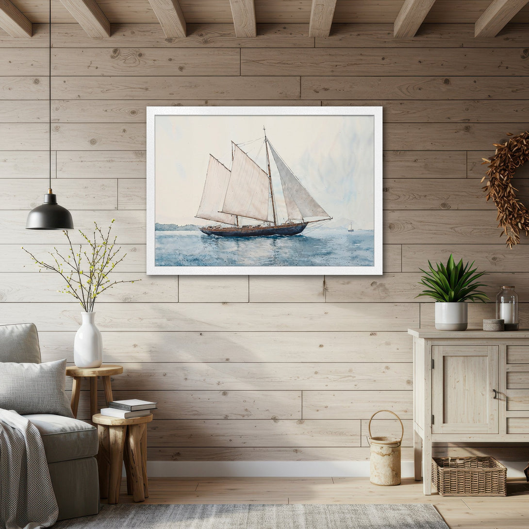 Framed Poster featuring a sailboat in watercolor style, with blue, white, and brown tones. Perfect coastal decor!