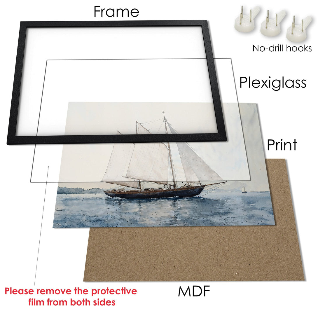 Framed Poster of a sailboat in watercolor style. Soft blue and neutral tones create a calming aesthetic. Ready to hang art.