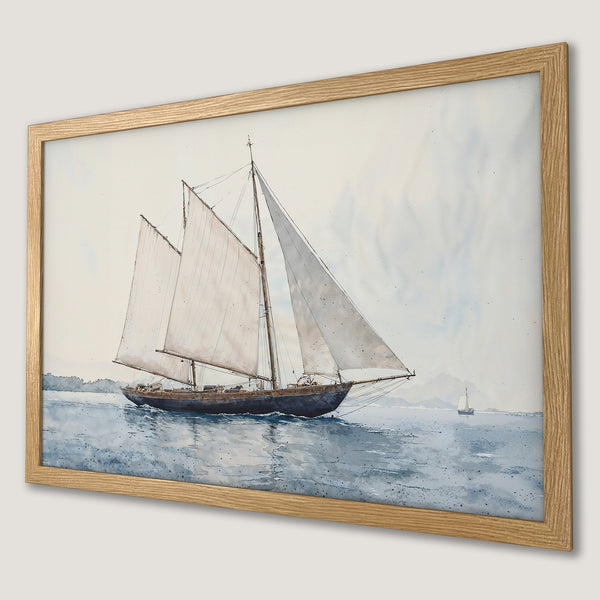 Framed Poster of a watercolor sailboat on the sea. Soft, muted blue and beige tones. Coastal art for your home.