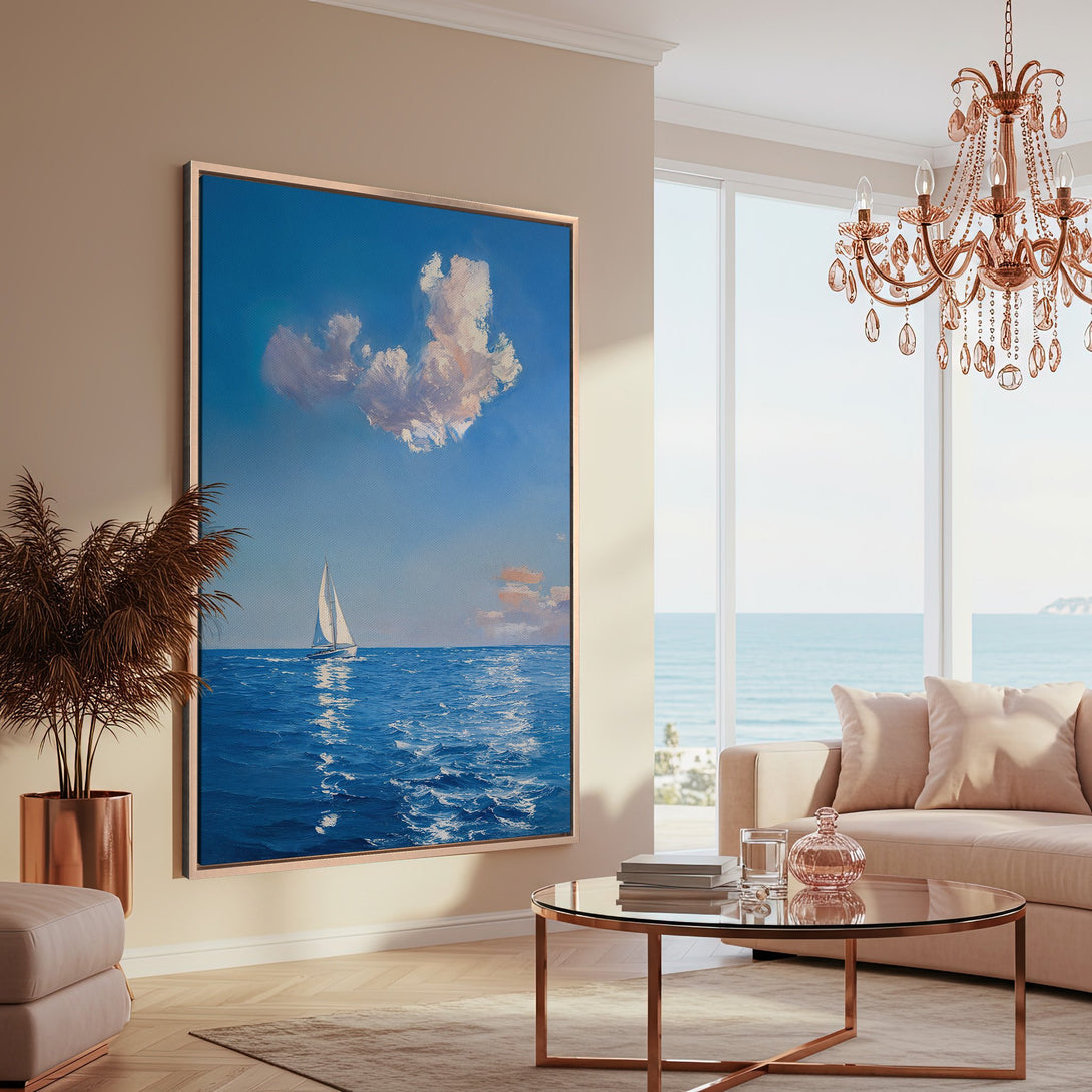 Framed Wall Art: Coastal sailboat canvas print in blue and white tones, adding a touch of serenity to any living room. Perfect for a nautical vibe!