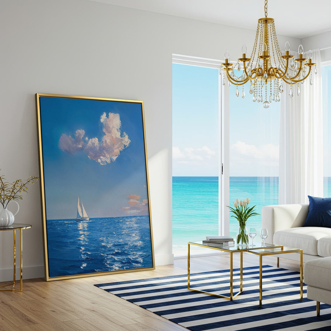 Canvas Print of a sailboat on the ocean. Coastal art in blue and white hues. Perfect for a relaxing living room.