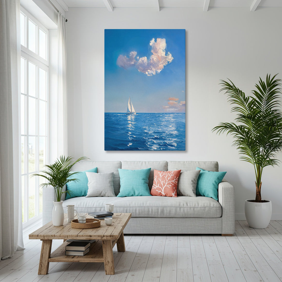 Framed Wall Art: Coastal sailing scene Canvas Print in blue and gold, perfect for a serene living room. Enhance your home decor today!