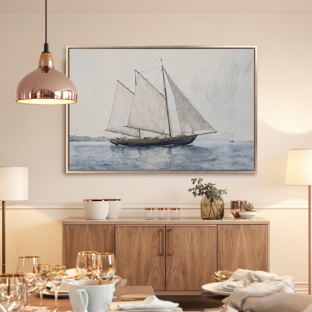 Framed Wall Art: Watercolor sailboat print in a coastal style, featuring a calming blue and neutral color palette. Perfect nautical decor!