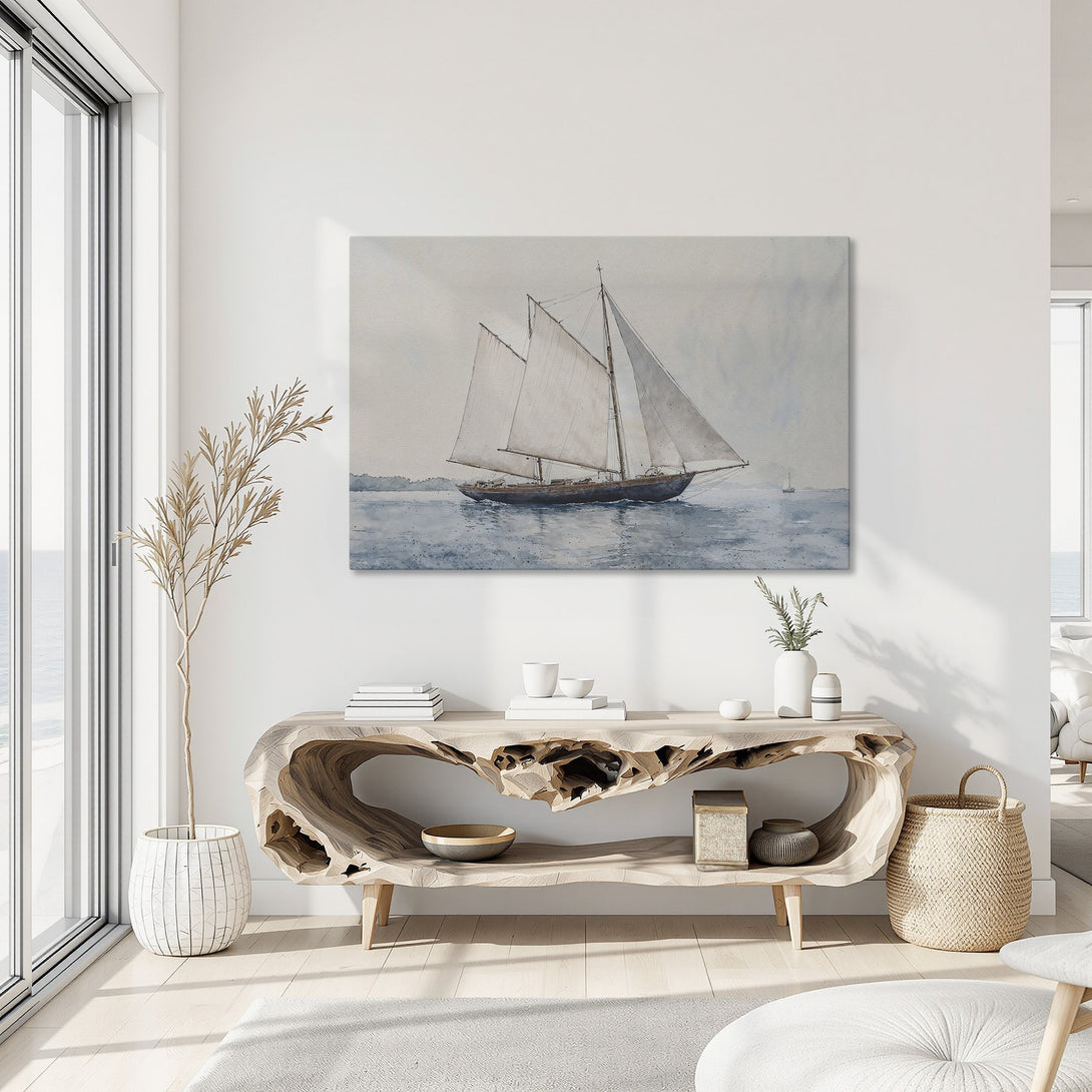 Framed Wall Art: Watercolor sailboat print in blue & neutral tones. Coastal art for living room decor. Enhance your space with this serene canvas print.