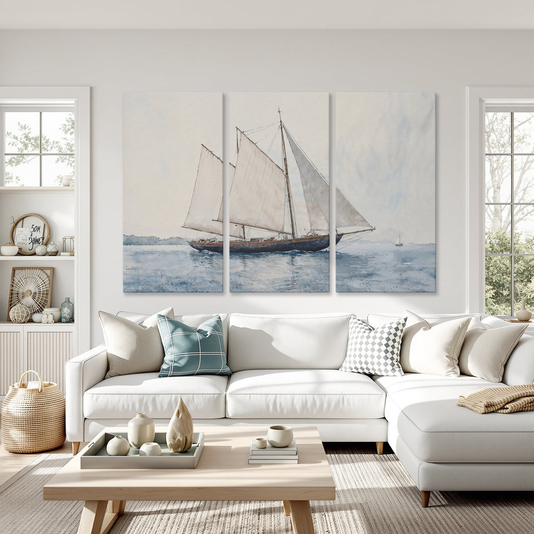 Canvas Print: Watercolor sailboat art in a coastal style, featuring a calming blue and neutral color palette. Perfect for living room decor.