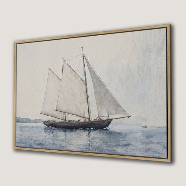 Framed Wall Art: Watercolor painting of a sailboat on the sea. Coastal art in a muted blue and neutral palette. Perfect nautical decor.