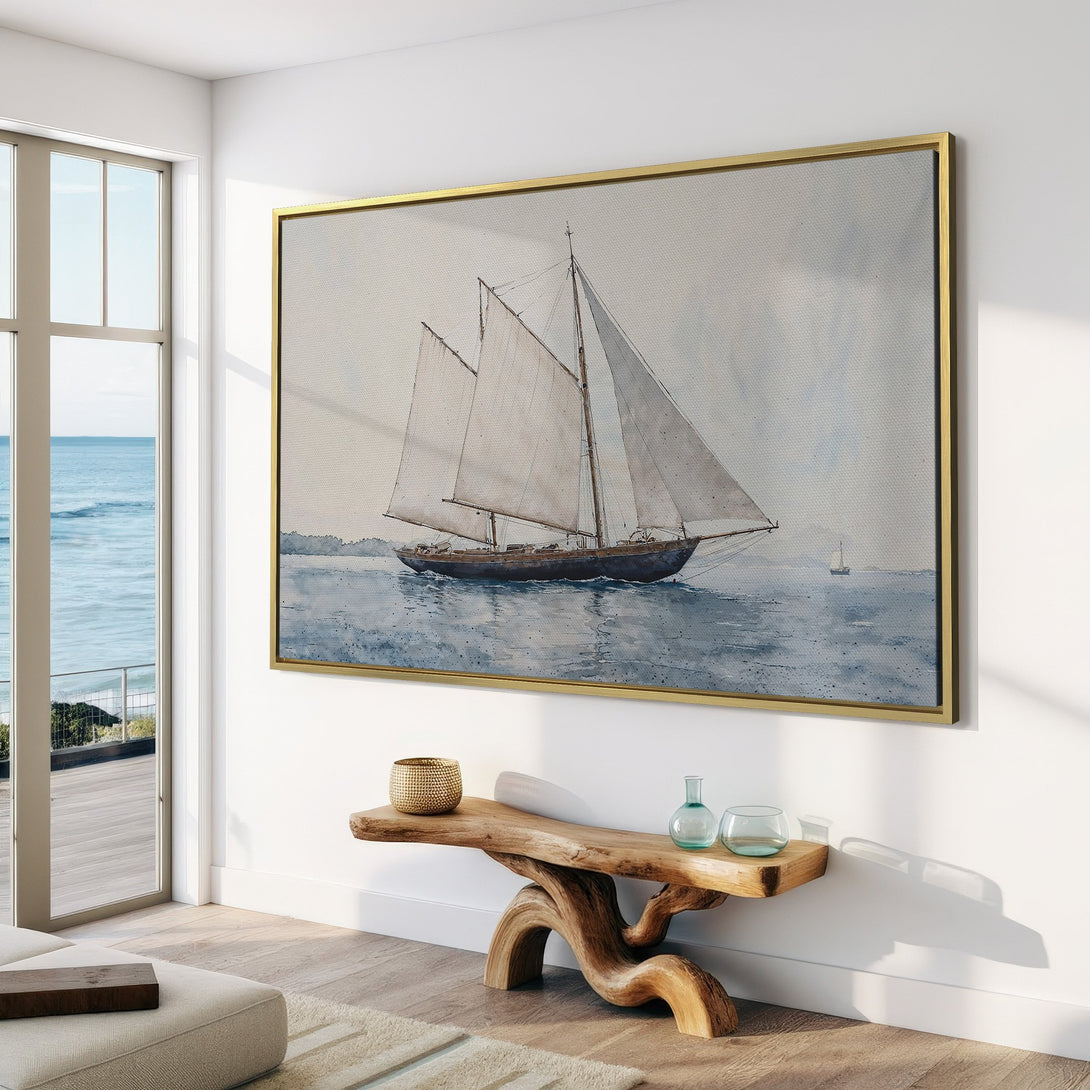 Canvas Print of a sailboat in a serene watercolor style, featuring a calming blue and gray color palette. Perfect coastal wall art!