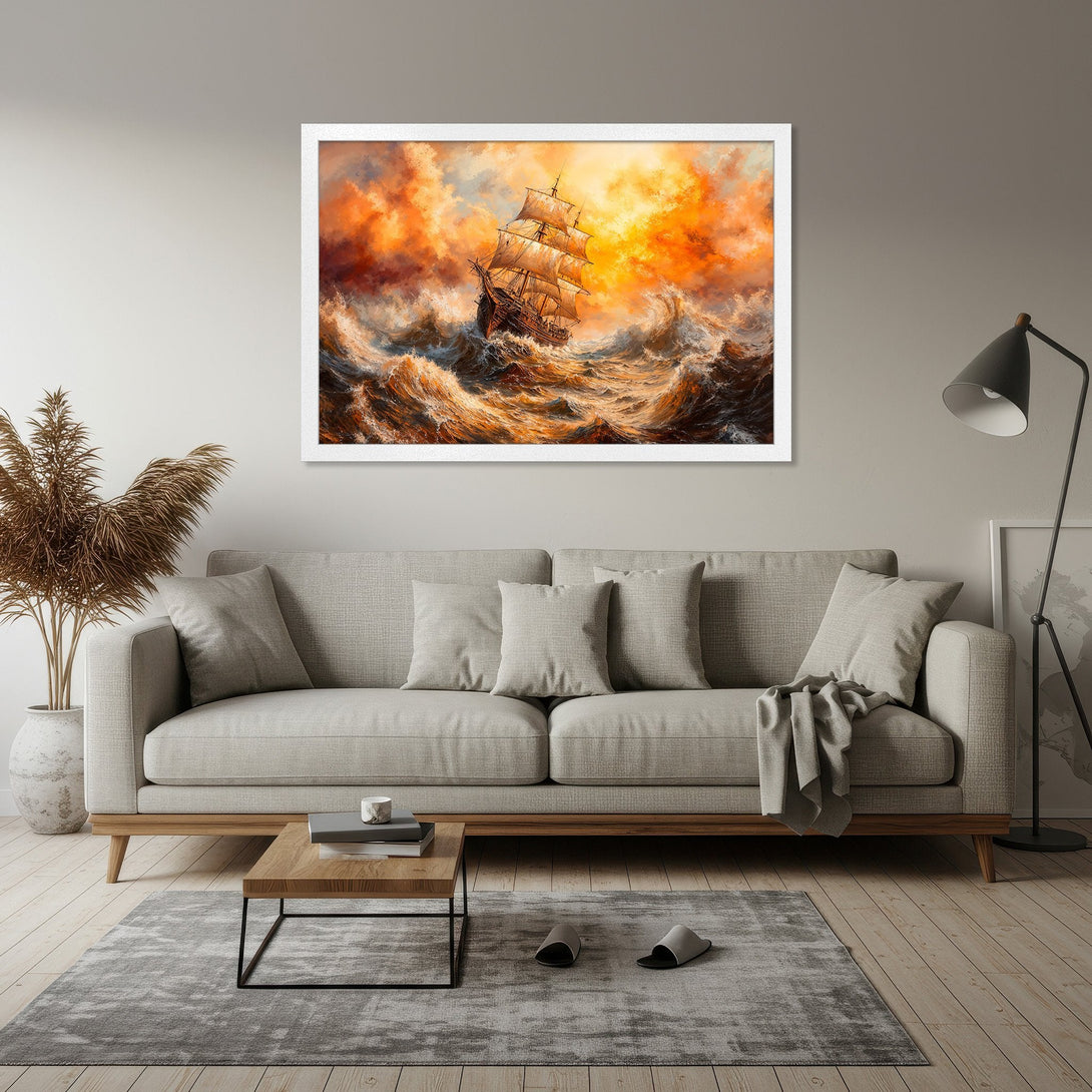 Framed Poster featuring a dramatic ship at sea, vibrant orange and blue color palette. Perfect nautical art for your home!