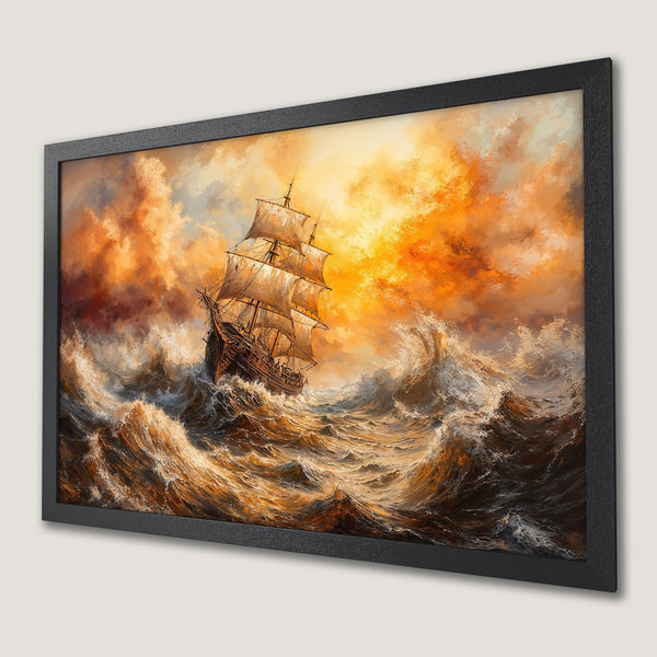 Framed Poster of a ship at sea, dramatic painting style, warm orange and brown color palette. Perfect wall art!