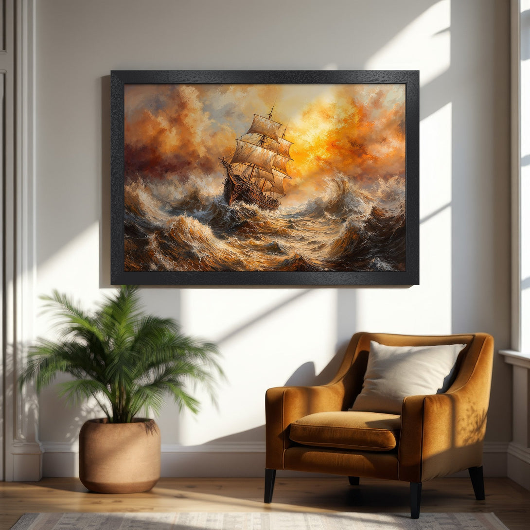 Framed Poster of a ship at sea in a dramatic, oil painting style with a warm, orange and brown color palette. Perfect wall art!