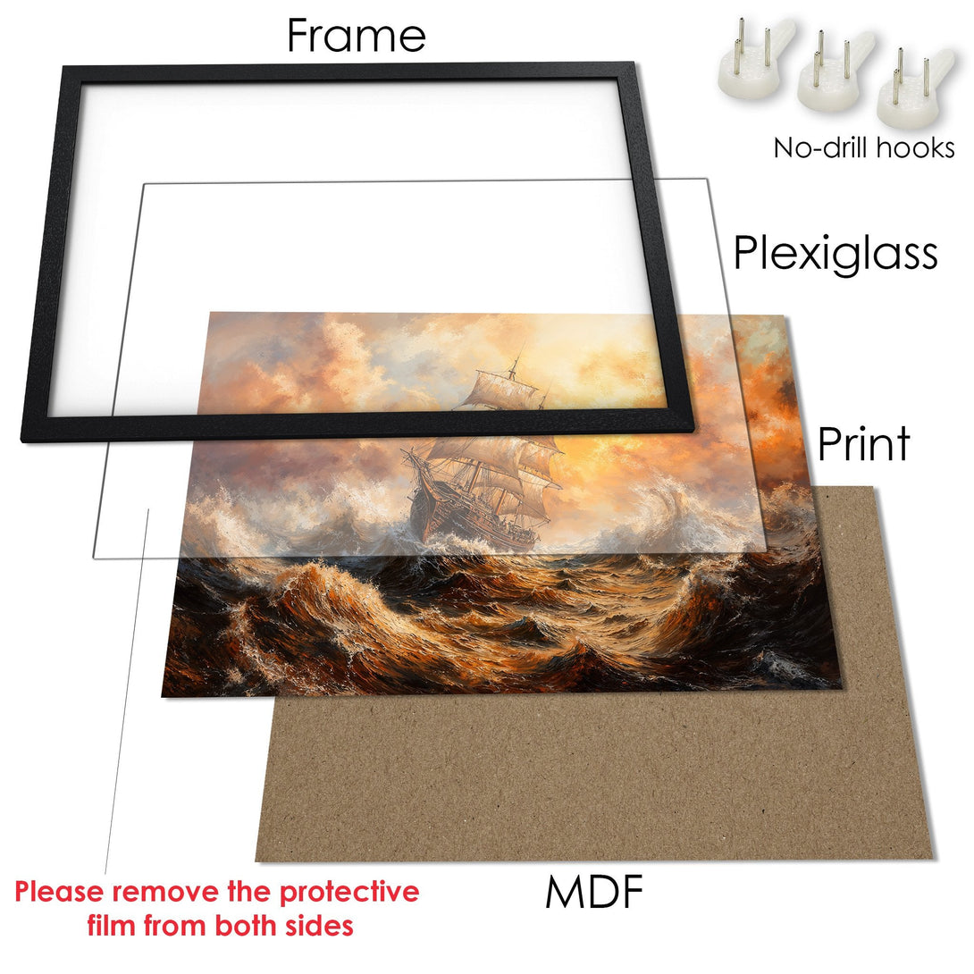 Framed Poster of a ship at sea, dramatic style with warm orange and brown tones. Perfect wall art!