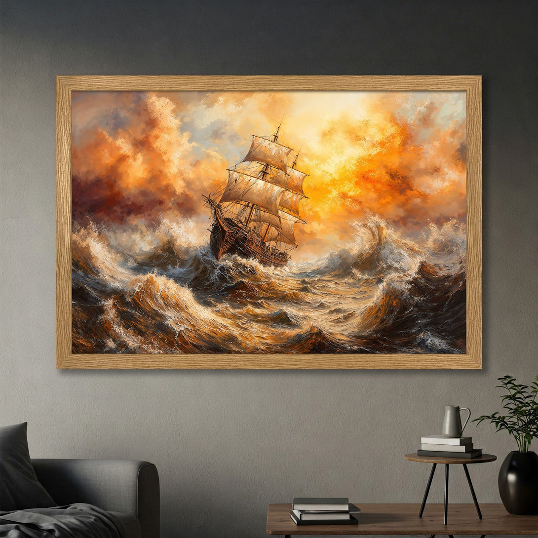 Framed Poster of a ship at sea in a dramatic, painterly style. Warm orange and brown color palette. Perfect nautical decor.