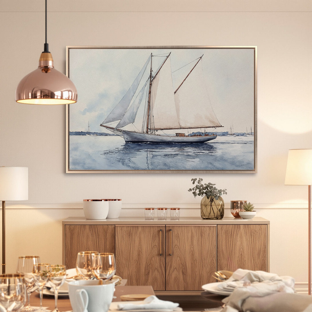 Framed Wall Art: Watercolor sailboat print in calming blue tones. Perfect coastal decor to elevate your dining room! Shop now.