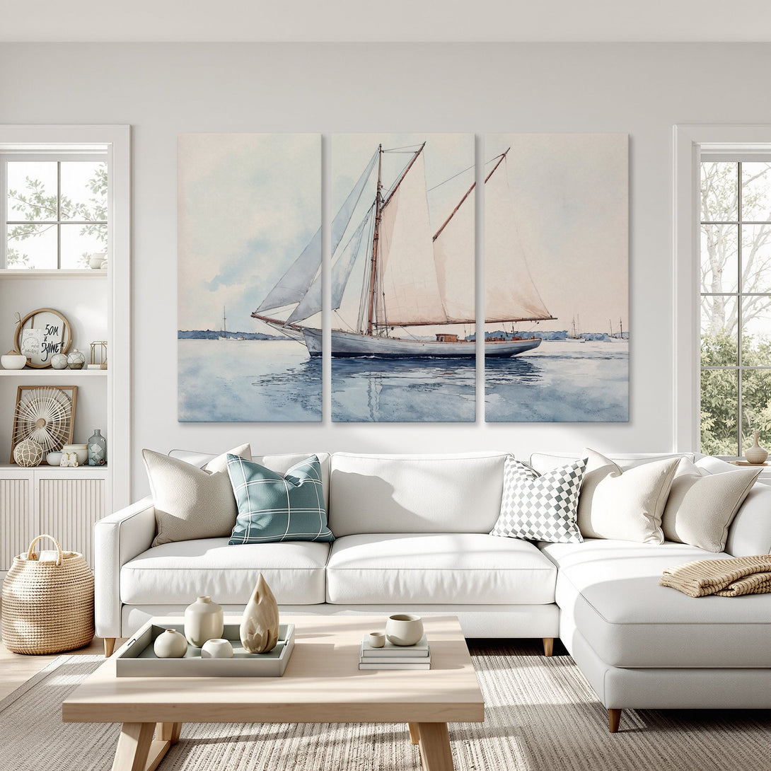 Canvas Print of a sailboat in watercolor style, featuring a serene blue and neutral color palette. Perfect coastal wall art for any home.