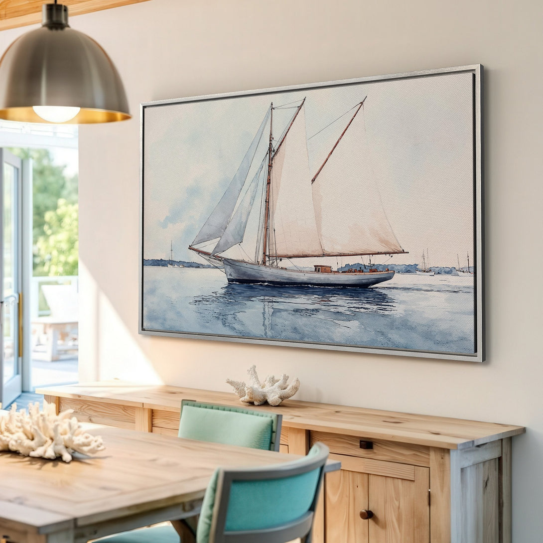 Framed Wall Art: Watercolor sailboat print in serene blue & beige tones. Coastal decor for a calming interior. Shop now for nautical art!