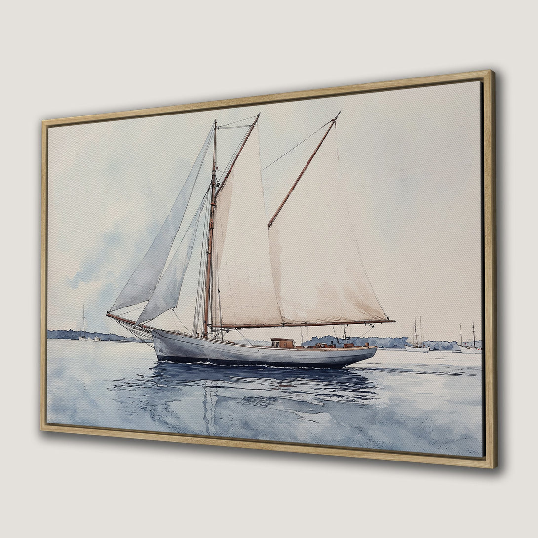 Canvas Print of a sailboat in watercolor style. Serene blue and neutral color palette. Perfect framed wall art for coastal decor.