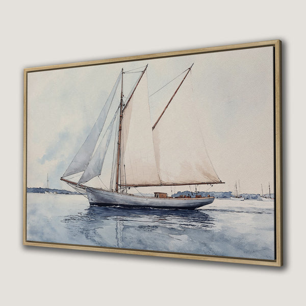 Canvas Print of a sailboat in watercolor style. Serene blue and neutral color palette. Perfect framed wall art for coastal decor.