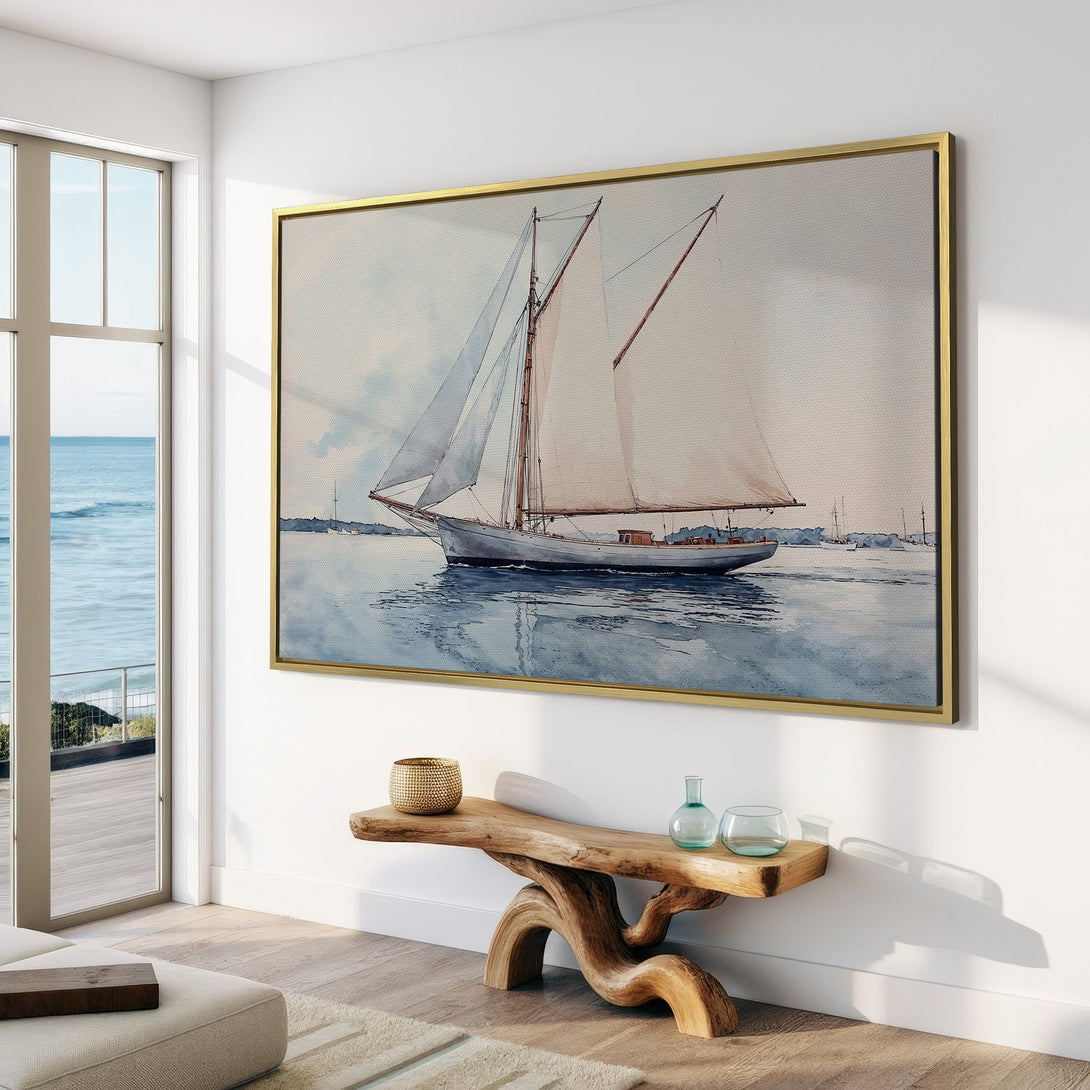 Canvas Print of a sailboat in watercolor style, featuring a serene blue and neutral color palette. Perfect coastal wall art for your home!