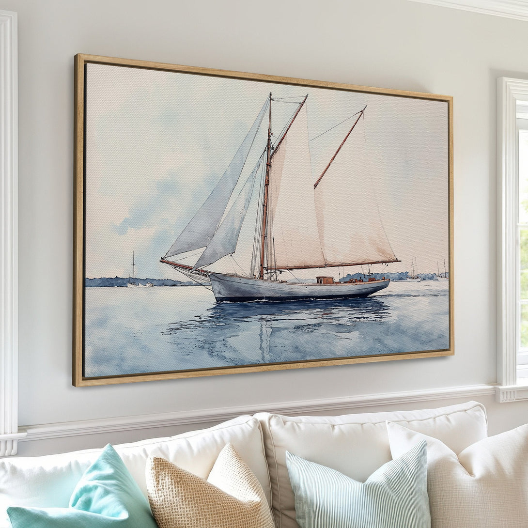 Framed Wall Art Canvas Print of a sailboat in watercolor style, featuring a serene blue and beige color palette, perfect for coastal decor.