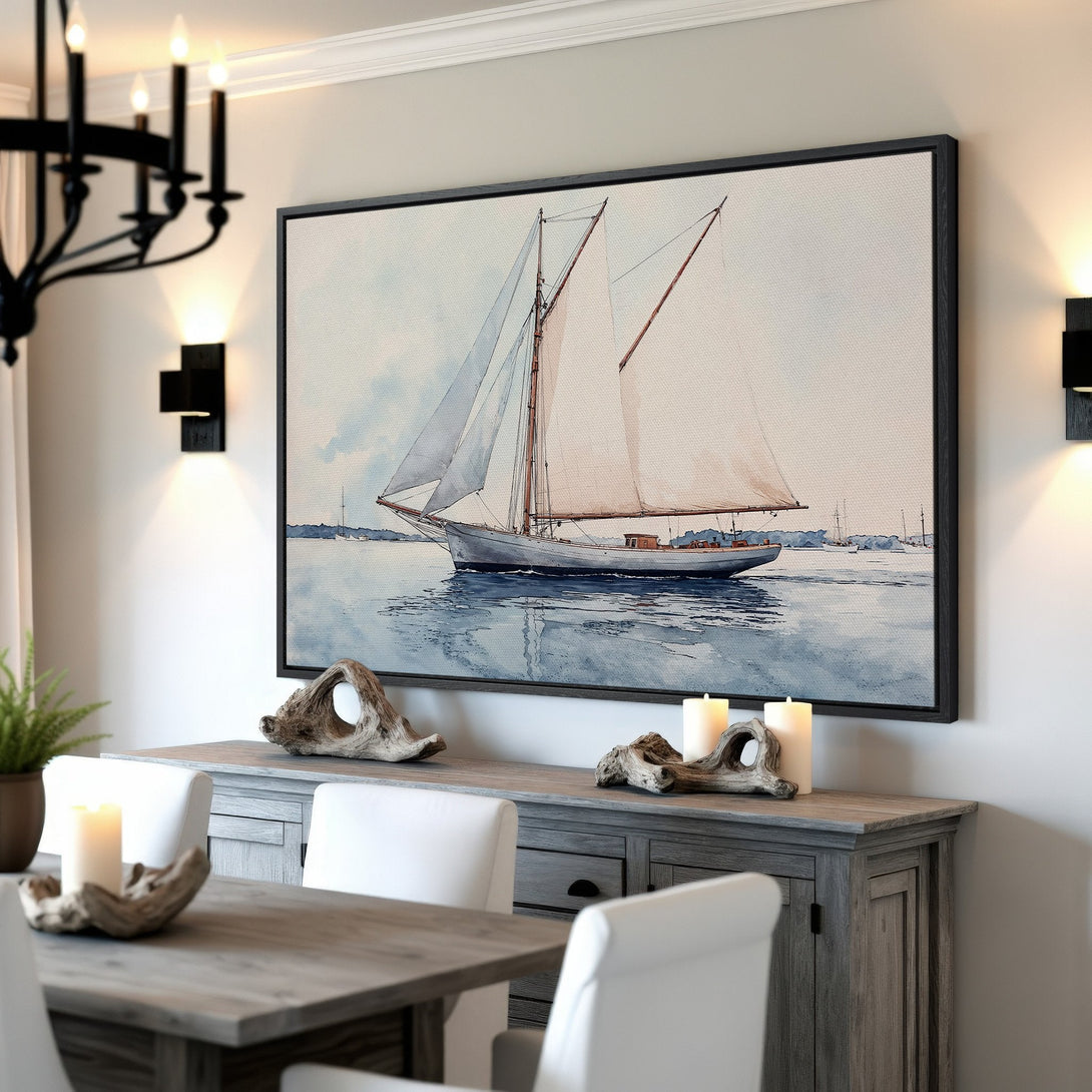 Framed Wall Art: Watercolor sailboat print in a coastal interior. Blue, white, and neutral tones create a serene and elegant atmosphere. Perfect for nautical decor.