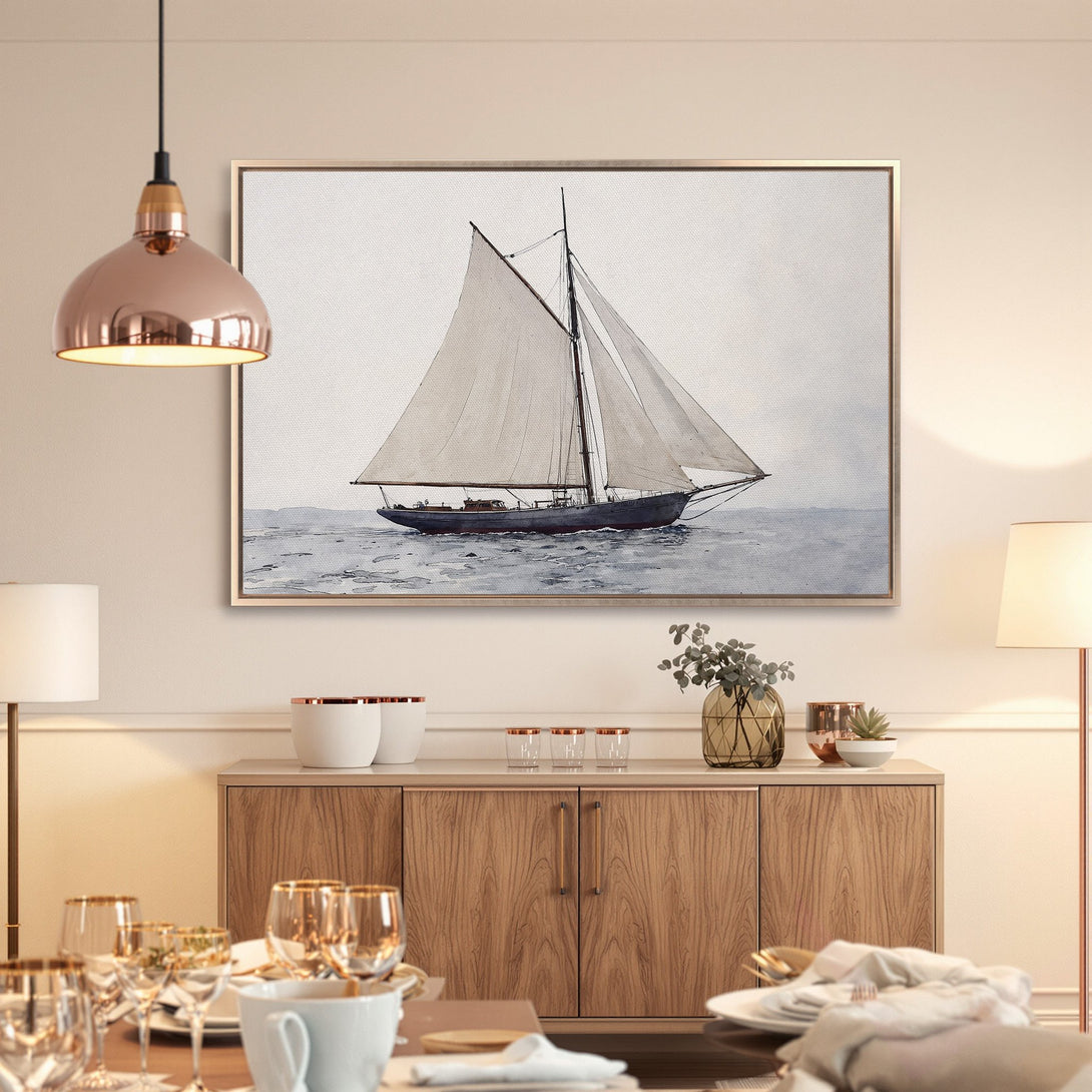 Framed Wall Art: Watercolor sailboat print in neutral tones. Coastal decor for a serene dining room. Shop elegant wall art today!