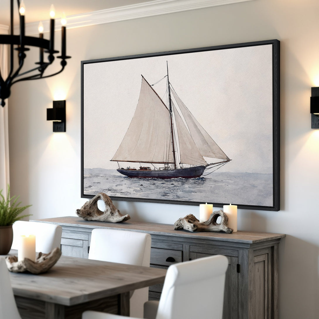 Framed Wall Art: Watercolor sailboat print in neutral tones. Coastal decor with a serene, minimalist style. Perfect for adding a touch of nautical charm.
