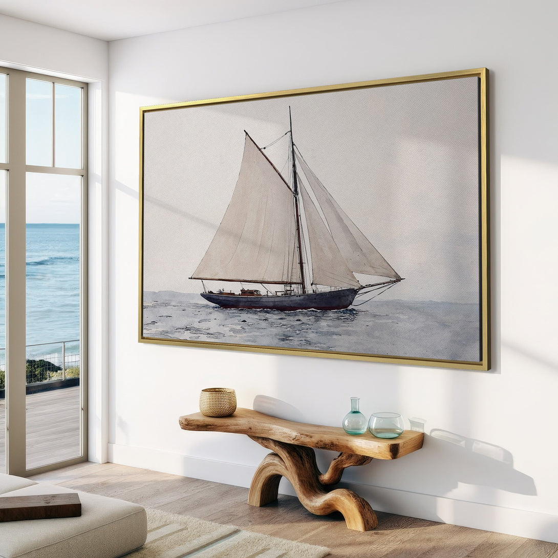 Canvas Print of a sailboat in a watercolor style, featuring a serene, neutral color palette. Perfect coastal wall art for your home.