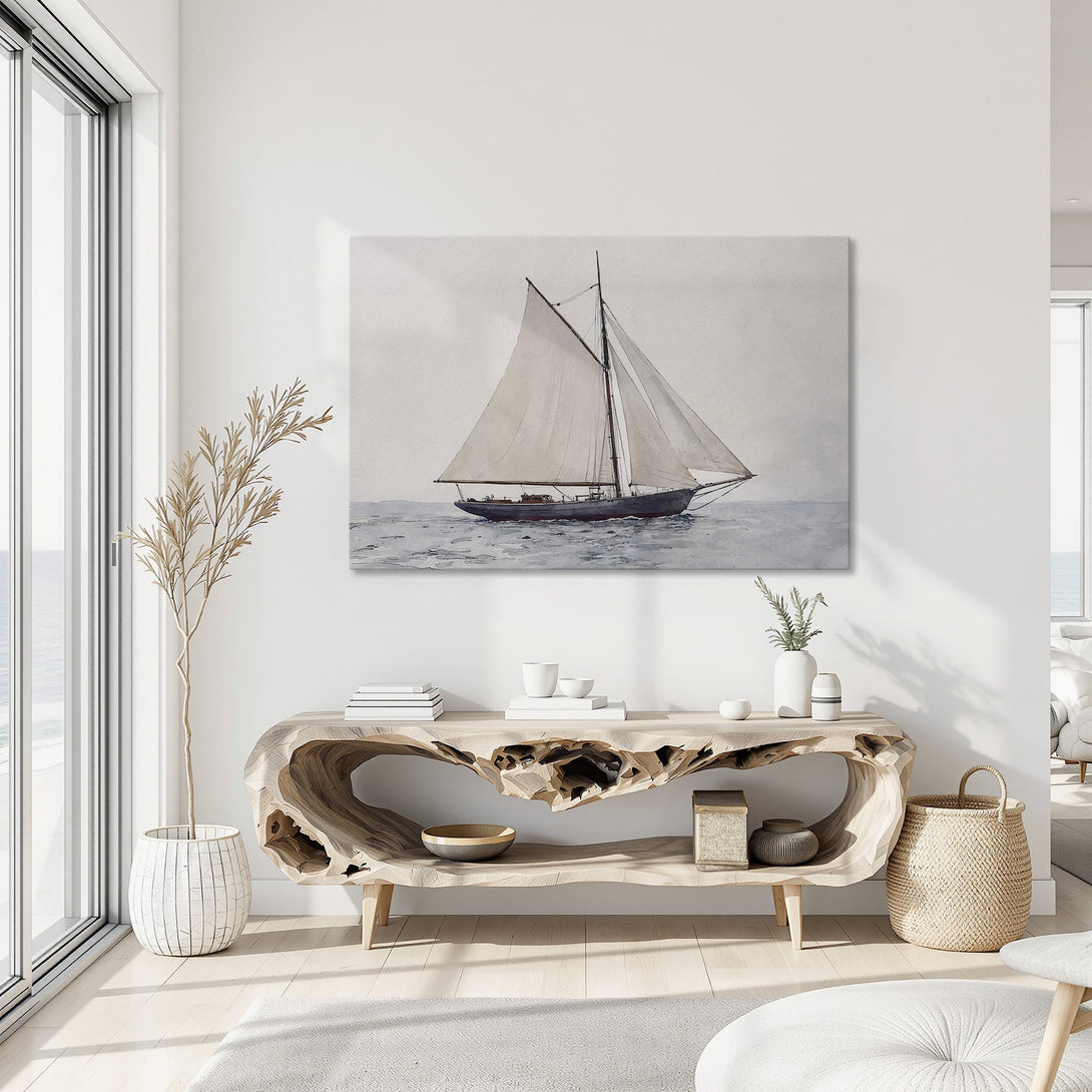 Framed Wall Art: Watercolor sailboat art in neutral tones. Coastal decor for a serene living room. Shop canvas prints today!
