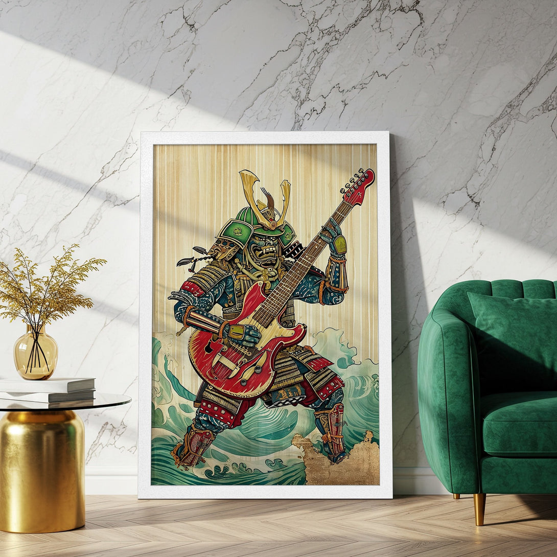 Framed Poster featuring a samurai playing guitar in a vibrant, Japanese-inspired style. Bold red, green, and blue color palette. Perfect wall art!