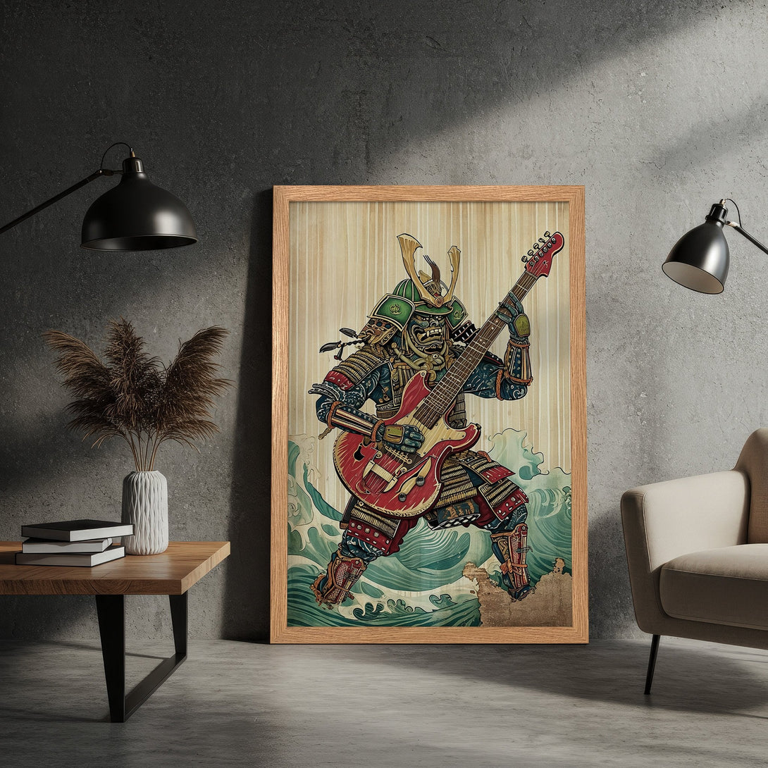 Framed Poster of a Samurai playing guitar in a vintage style, featuring a red, green, and blue color palette. Perfect wall art!