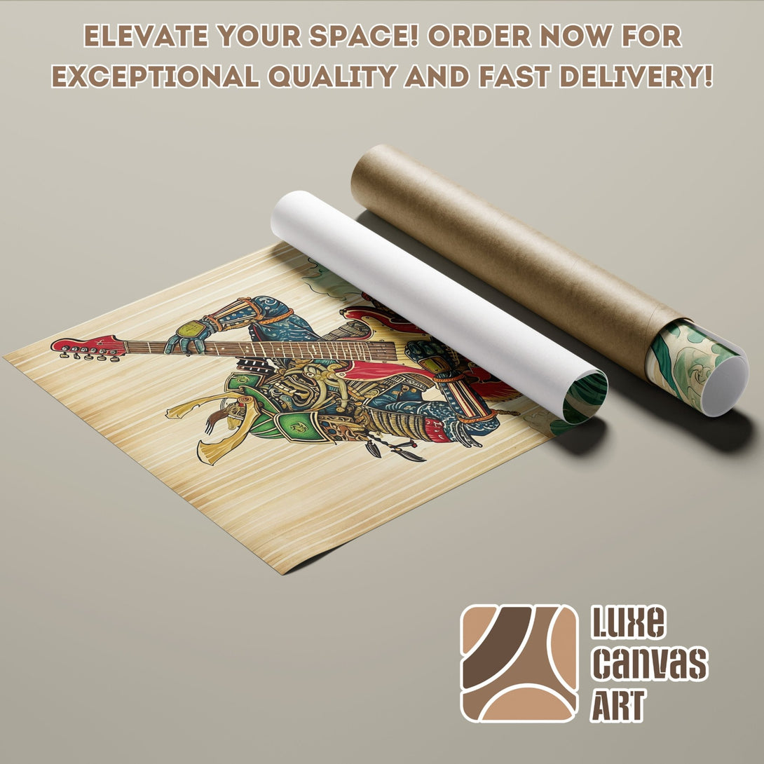 Poster Roll featuring a colorful guitar illustration in a vintage style, with a warm, earthy color palette. Elevate your space with art!