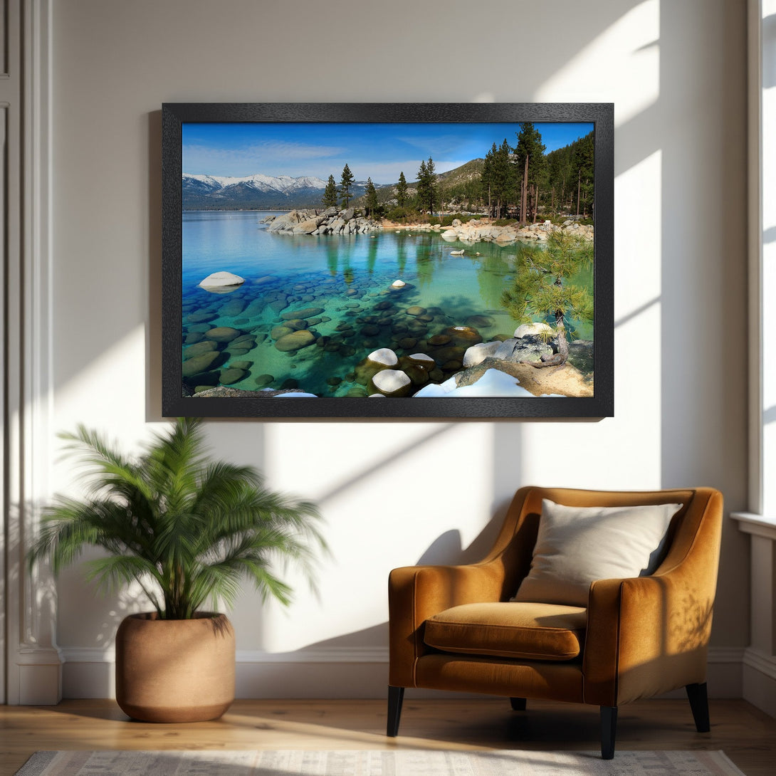 Framed Poster of a serene lake landscape with blue and green hues. Perfect wall art for a calming home.